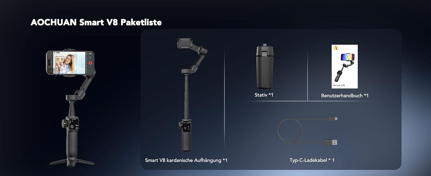 Стабілізатор для телефону Smart V8 Black з 3-осьовою стабілізацією та 7.8-дюймовою штангою, AI-трекінг, OLED-дисплей, кнопка зйомки