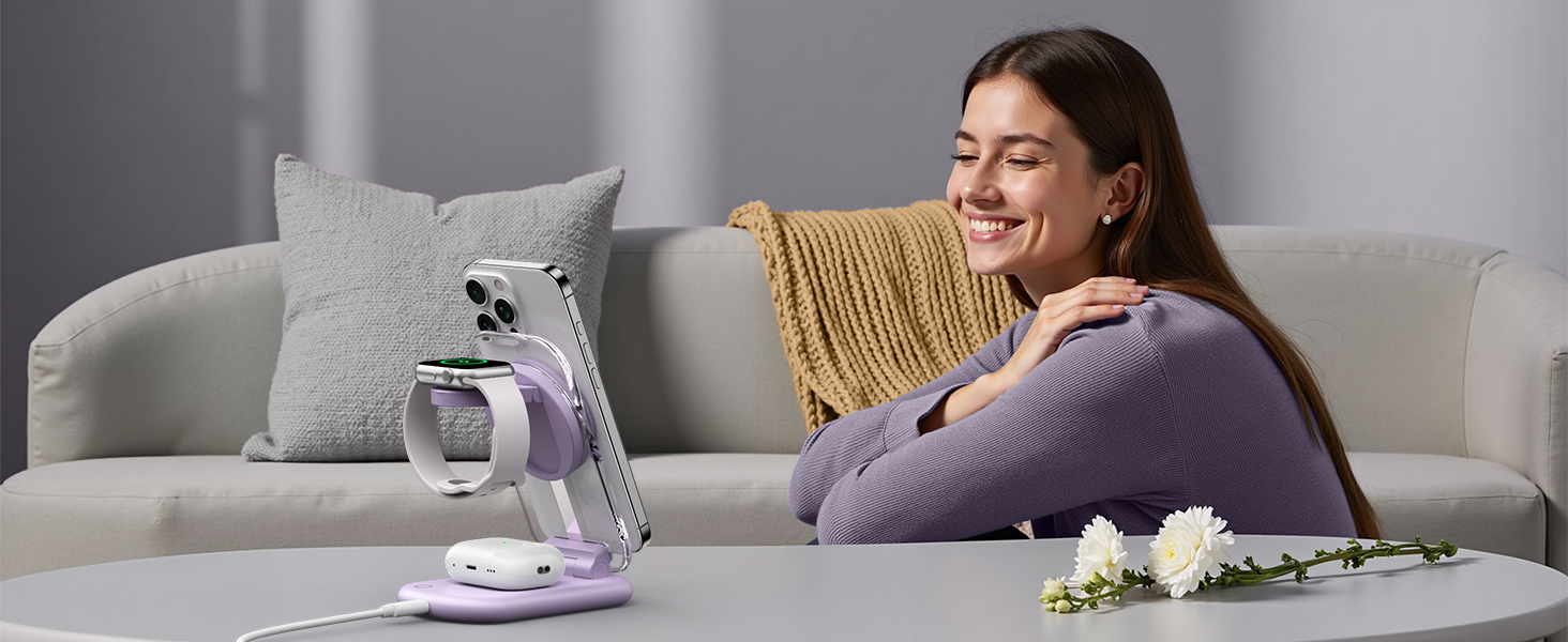 Зарядний пристрій MagSafe 3-в-1 для Apple Watch та iPhone: фіолетовий колір. Підходить для iPhone 17, 16, 15, 14, 13, 12 Pro Max/Air/Plus/Pro та Apple Watch 10/9, Airpods 3/2/Pro