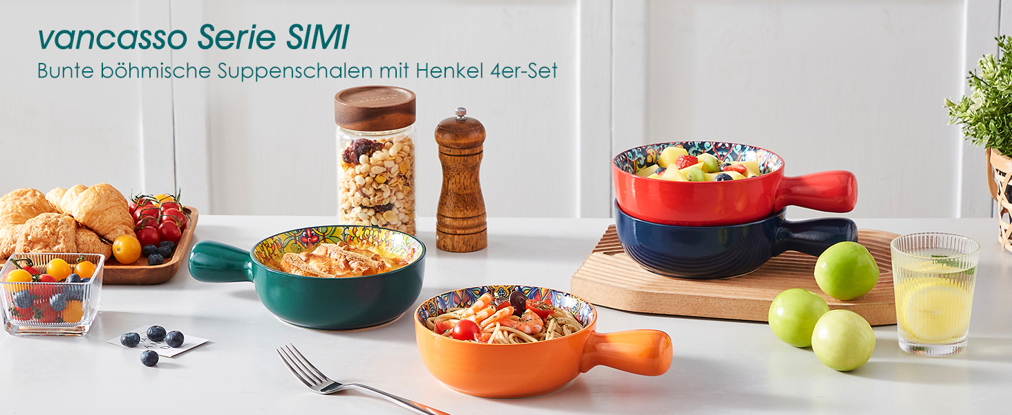 Набір супових тарілок Vancasso SIMI, 4 шт, 690 мл, порцеляна, богемський стиль, для супу/мюслі/пасти, мікрохвильова та духовка