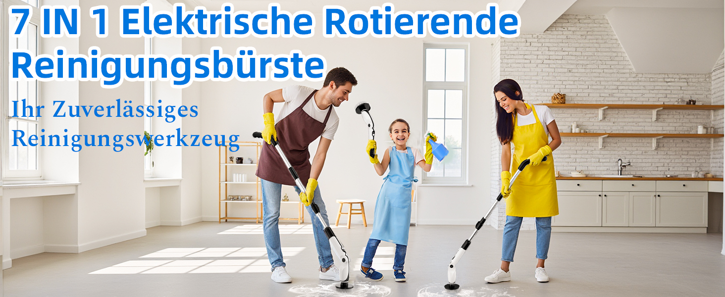 Електрична щітка для прибирання: 7 насадок, 3 довжини, 90 хв роботи, 2 режими швидкості для ванної, кухні, авто
