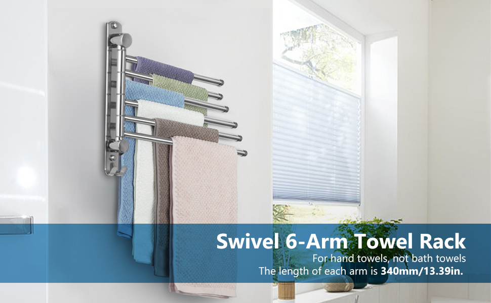 Кріплення для рушників JSVER з нержавіючої сталі, 180° поворот, 6 кріплень, з гачками, для ванної, кухні та гардеробу