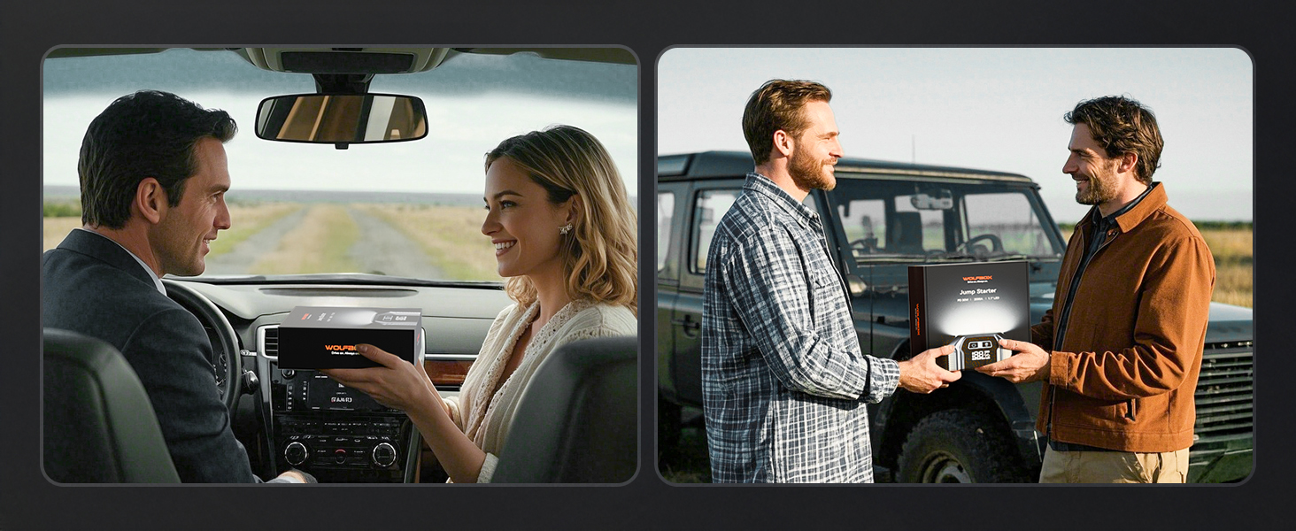Powerbank WOLFBOX для запуску авто: 2000A, 12V, для бензину/дизеля (10L), LED-ліхтар, великий екран, кабель, бустер для SUV, вантажівок, мотоциклів