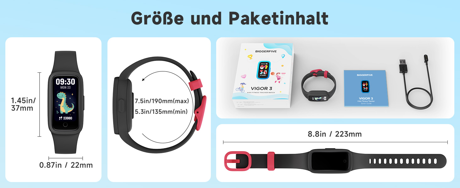 Дитячий фітнес-браслет BIGGERFIVE Vigor 3 з AMOLED дисплеєм, водонепроникний (3ATM), пульсометр, трекер сну, крокомір для дітей 5-12 років, чорний