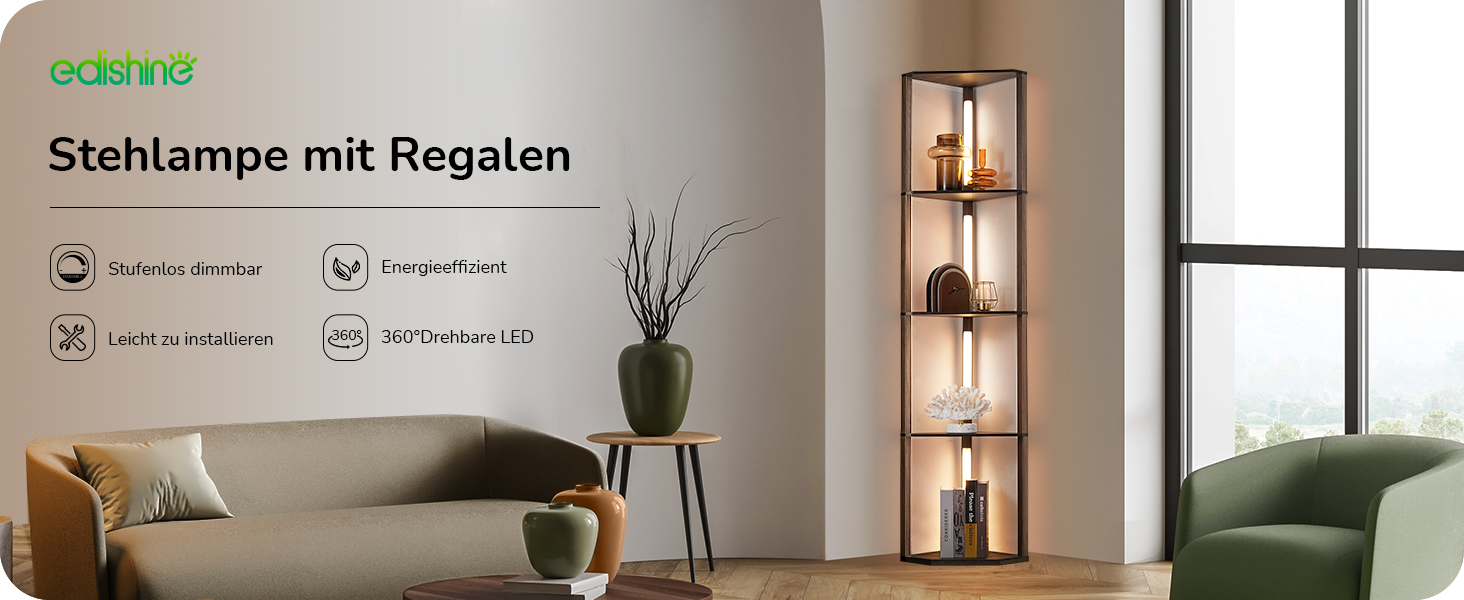 LED торшер EDISHINE з 4 полицями з дерева, торшер для вітальні, регульоване освітлення, 3 колірні температури, поворотний світловий стержень, підсвічування полиць, футовим вимикачем (темно-горіховий)