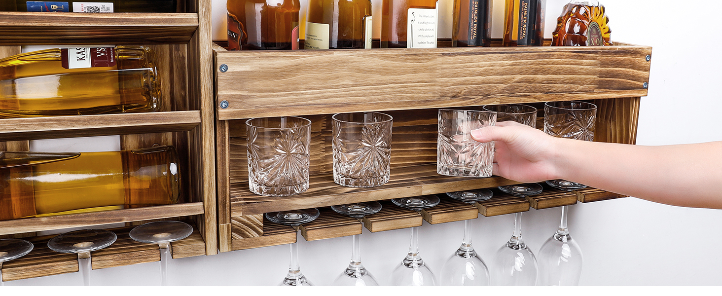 Стійка для вина Yorbay з підігрітим деревом, настінна з тримачем для корку, для келихів для вина та віскі, утримувач для пляшок, домашній бар, вінтаж, подарунок (без LED)