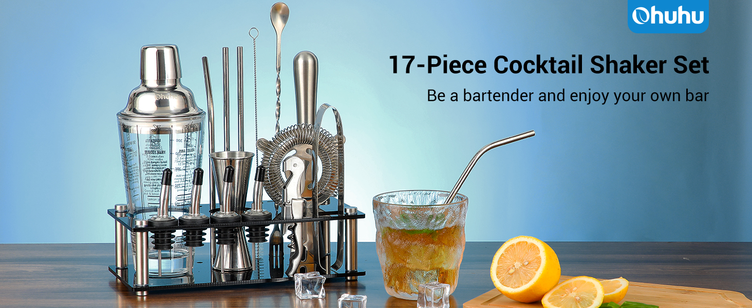 Набір для коктейлів Ohuhu 17 частин, преміум-набір бармена з нержавіючої сталі, аксесуари для приготування коктейлів, подарунок для жінок та чоловіків