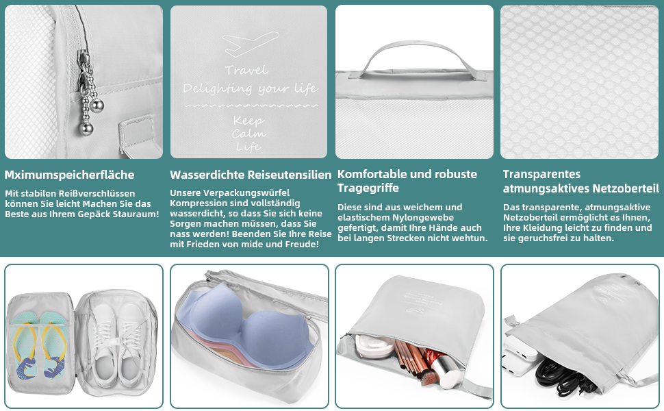 Органайзери для валіз: 8 комплектів, 7 кольорів. Організатори для подорожей, мішки для взуття, компресійні мішки. Сірий колір.