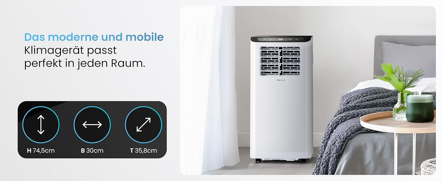 Мобільний кондиціонер Pro Breeze™ 4-в-1: охолоджувач, вентилятор, осушувач повітря, нічний режим, клас енергоефективності A, комплект ущільнювача для вікна, пульт дистанційного керування та таймер 24 години, білий (12000 BTU, Smart App)