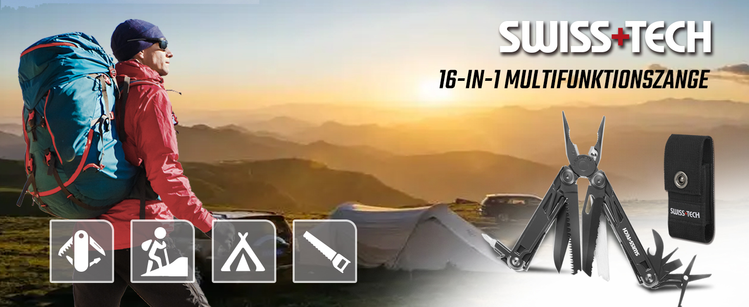 Мультитул Swiss+Tech 16-в-1: складаний інструмент-затискач із ножем, пилкою, відкривачкою, викруткою, ножицями для кемпінгу, ремонту, аутдору, у чохлі