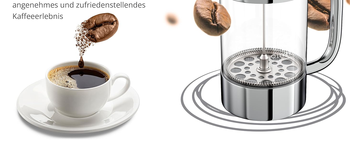 Френч-прес Oliver's Kitchen® 1 літр - скляний заварник для кави, срібний | Елегантний дизайн, для автентичного смаку