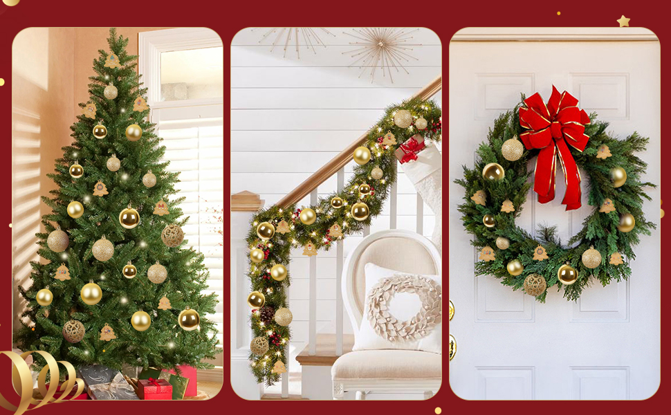 Набір прикрас для ялинки 141 шт., кульки для ялинки з пластику, матові, глянцеві, з блискітками, з вирізаним візерунком, ялинковий декор для дому та вулиці (золотий)