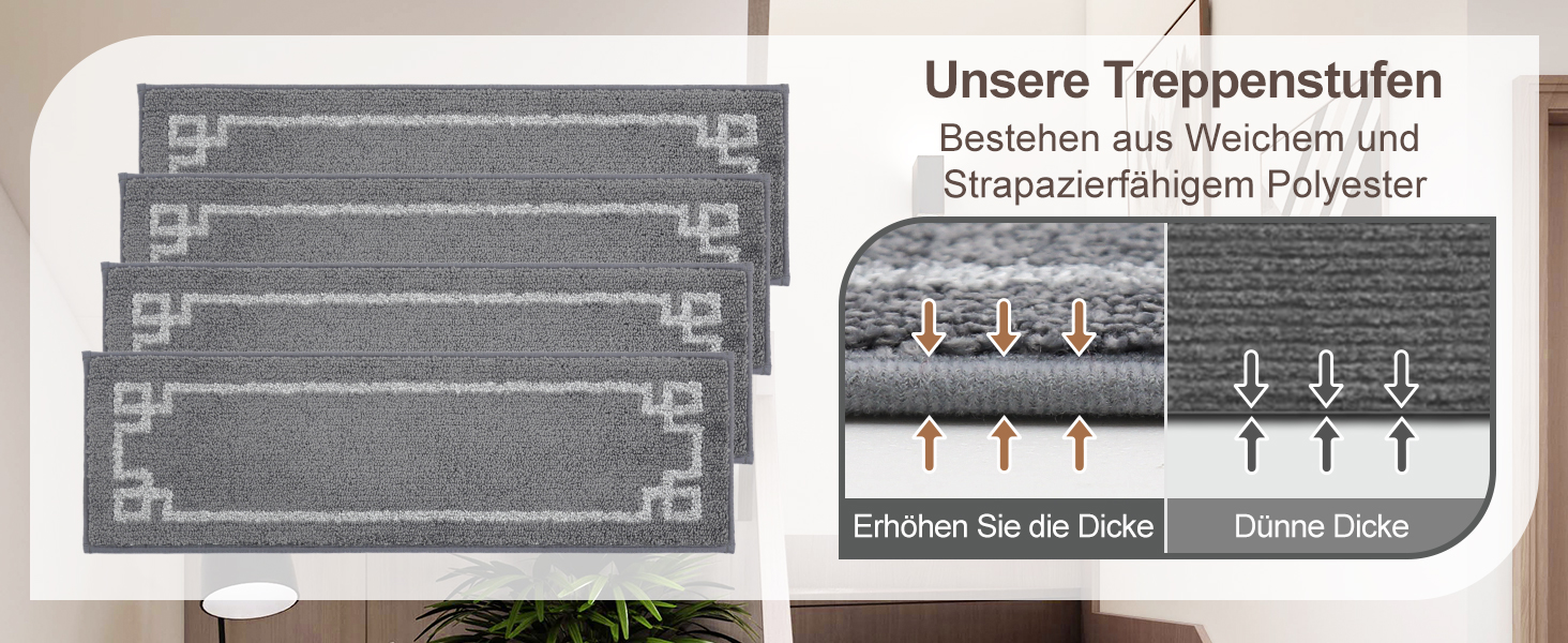 Килимочки на сходи BEQHAUSE, комплект 15 шт. Самоклеючі килимки на сходи для дітей, літніх людей та домашніх тварин, 100% поліестер, TPE-підкладка, 22x70 см (Сірий)