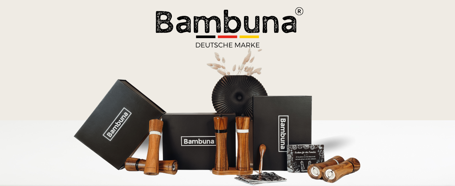 Набір для перцю та солі BAMBUNA з акацієвого дерева - 5 шт. з регульованою керамічною жорна - ручна млинка з підставкою та ложкою - Made in Germany