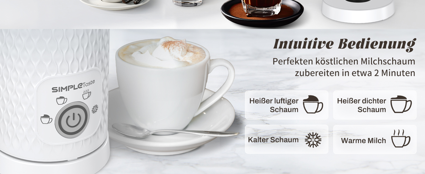 SIMPLETASTE Електричний спінювач молока 4-в-1: нагрів, спінювання гарячого/холодного молока, автоматичне вимкнення, білий