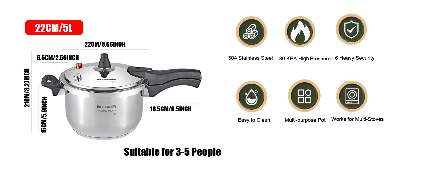 Друк-каструля з нержавіючої сталі 304 з системою безпеки - для індукційних, газових та всіх типів плит - професійне та домашнє використання (5 літрів)