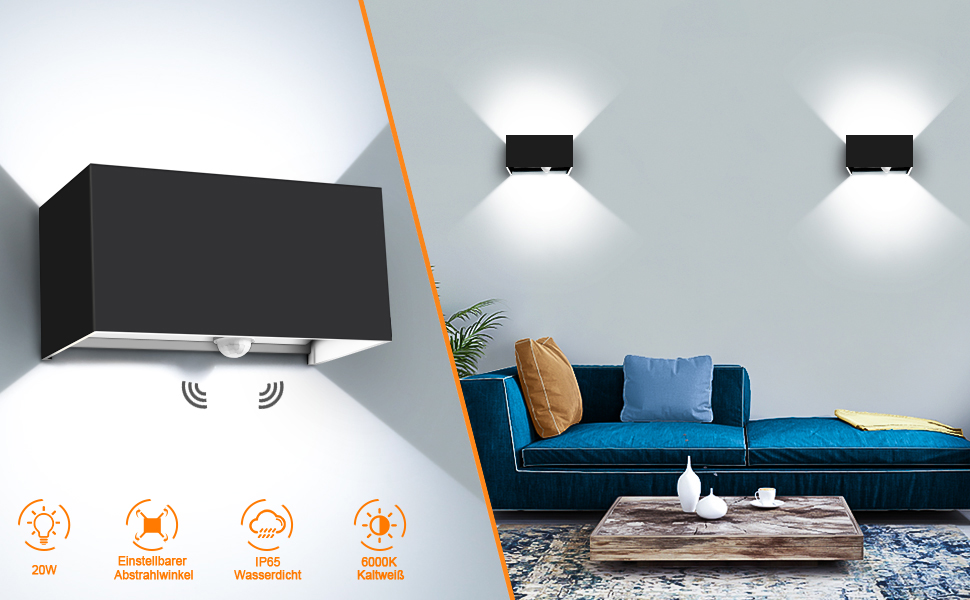 LED-водостійка настінна лампа Kingwen 20W (4 шт.) - тепле світло 3000K, IP65, регульований кут світла, чорний колір