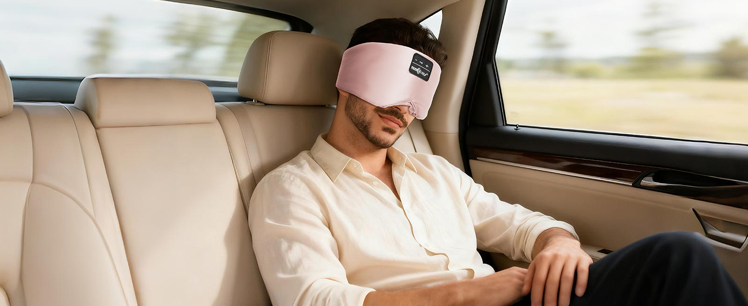 Маска для сну Bluetooth Musicozy з шовку (рожева): 3D маска з навушниками, повна темрява, для чутливих вух та очей, 14 годин автономії