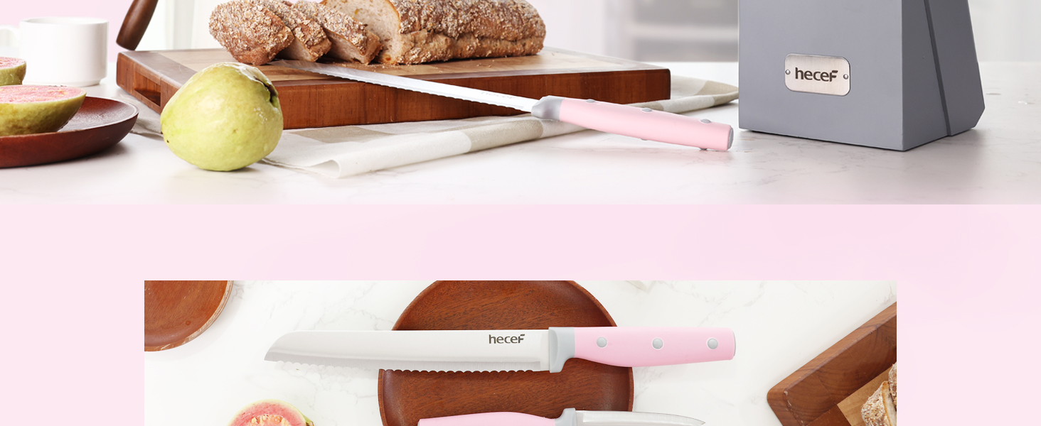 Набір ножів Hecef 14 предметів з дерев'яним блоком, професійний набір кухонних ножів з нержавіючої сталі, з ножицями/ножем для стейку/точильним інструментом (рожевий)