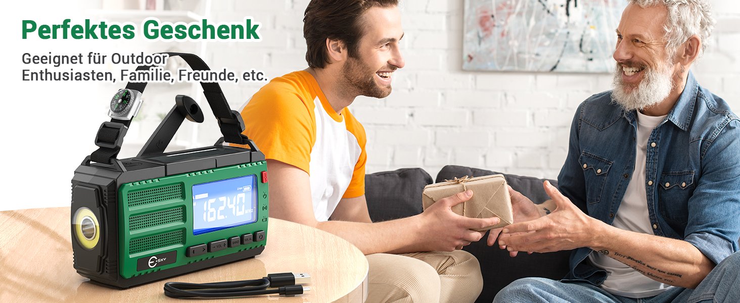 Радіоприймач Esky Kurbelradio з сонячною батареєю, 10000mAh, AM/FM, USB-зарядка, LED-ліхтарик, SOS-сигнал, компас, портативне для кемпінгу та надзвичайних ситуацій, зелений