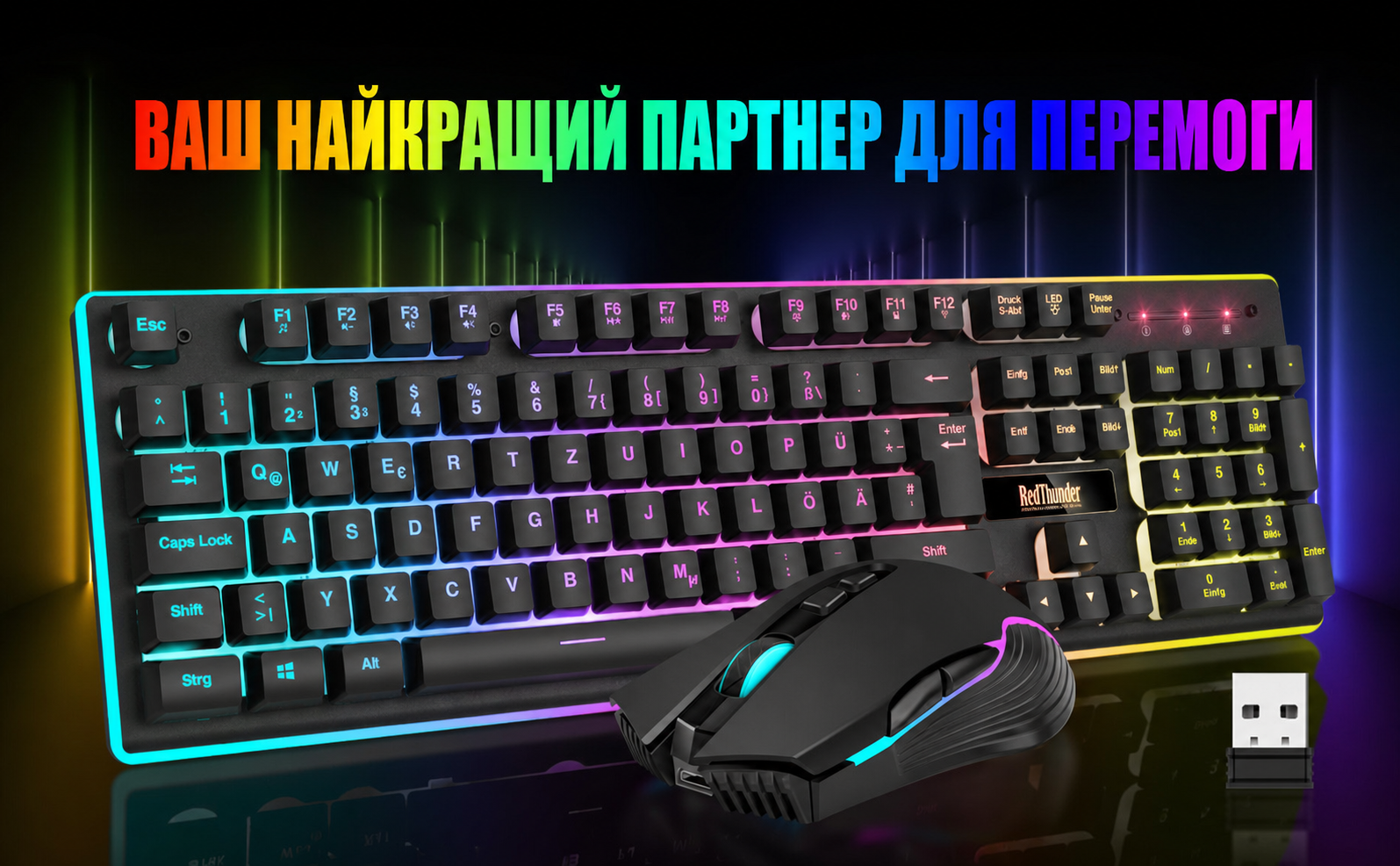 RedThunder K10 Бездротовий комплект клавіатури та миші для геймерів, QWERTZ DE, 3000mAh, 3200 DPI (Чорний)