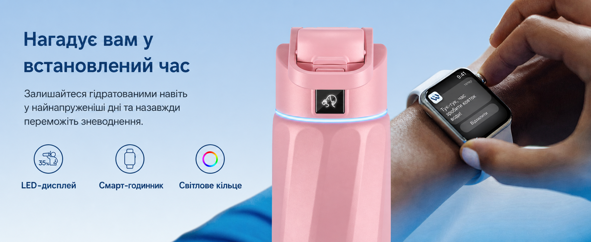 Розумна пляшка для води WATERH Boost з нагадуванням та трекером, 946 мл, нержавіюча сталь, рожева