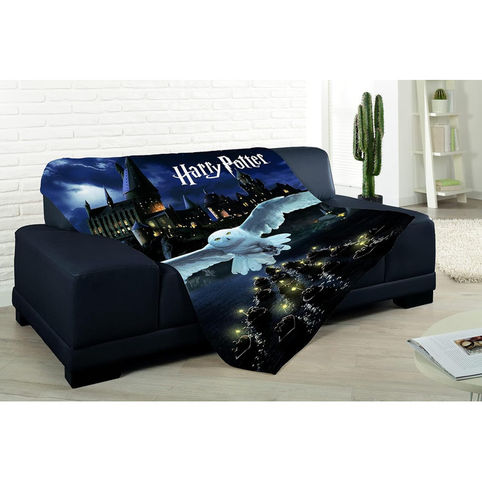 М'який плед Harry Potter з флісу 150x200 см, чорний, з Хогвартсом і совою – ковдра для дивана, покривало