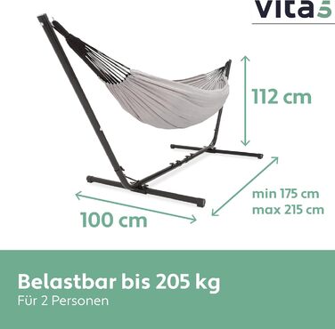 Гамак Vita5 з каркасом для 2 осіб, переносний, подвійний, 200 кг, для саду, басейну, балкона і тераси, сірий