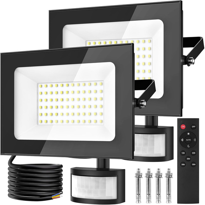 LED прожектори з датчиком руху та світла papasbox, 2 шт, 50W, 6500K, IP66, з пультом, для вулиці, саду, гаража, спортмайданчика