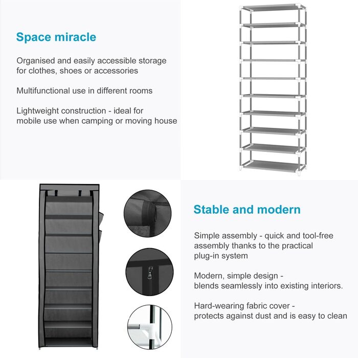 Тканинна шафа INTIRILIFE з блискавкою 170x58x28 см, 9 полиць, для одягу та взуття, розкладна, для кемпінгу, сірий