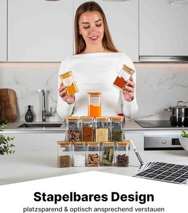 Набір скляних баночок для спецій Deco Haus з дерев'яними кришками, 12 шт, 280 мл, з етикетками — герметичні контейнери для зберігання спецій та приправ