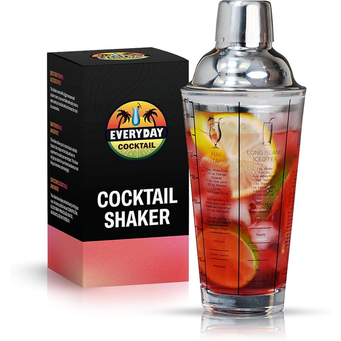 EVERYDAY COCKTAIL професійний скляний шейкер для коктейлів 400 мл, мартіні, з рецептами, прозорий барний шейкер з мірною шкалою та вбудованим ситом