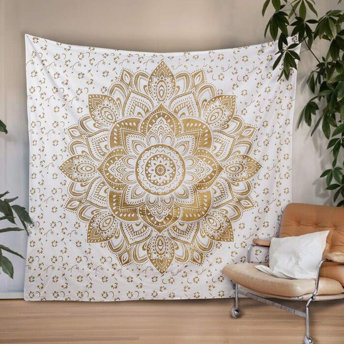 Омбре гобелен Mandala синьо-золотий, багатобарвний, 85x89 дюймів, настінний декор у стилі бохо, гіпі килим, текстиль для дому