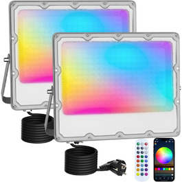 Комплект з 2 RGB LED прожекторів 30W для вулиці, 16 млн кольорів, Bluetooth APP та 2.4G пульт, IP66, диммований, для саду, Хелловіну, Різдва, вечірок (загальна потужність 150W)