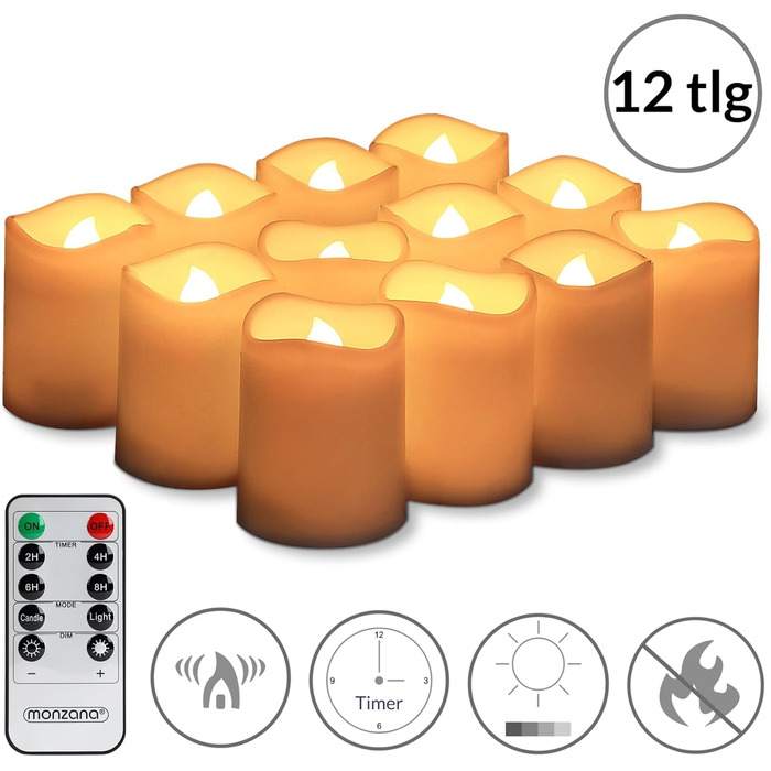 Свічки Monzana XL LED з таймером 2-8 годин, мерехтливим полум’ям, дистанційним керуванням, на батарейках, тепле біле світло, набір чайних свічок 4,5 см, з натурального воску, димовані, електричні