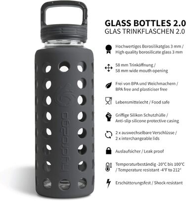 Скляна пляшка для води з силіконовим чохлом Onyx Black 950 мл, герметична, BPA-free, придатна для миття в посудомийній машині, 2 змінні кришки, для офісу, спорту, фітнесу та йоги