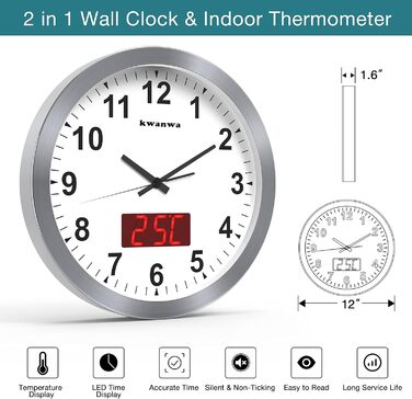 Сучасний настінний годинник KWANWA без тиканя, цифровий LCD/LED дисплей, календар, термометр, на батарейках, 30,5 см, 12-годинний формат, для кухні, спальні та офісу, сріблястий корпус, червоний LED
