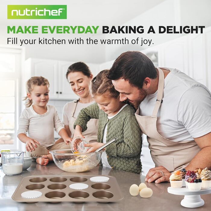 Форма для мафінів NutriChef, антипригарна, 2 шт. по 12 отворів, з вуглецевої сталі, без PTFE, PFOA, PFOS і BPA, підходить для посудомийної машини, з високим бортом