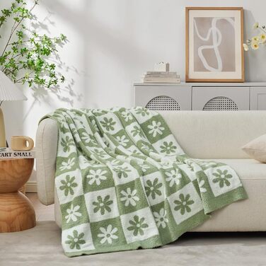 Плед Snuggle Sac клітчастий, салатовий із квітковим візерунком, мікрофібра, флісовий, теплий, двосторонній, для дивану, стільця, ліжка, 127 см