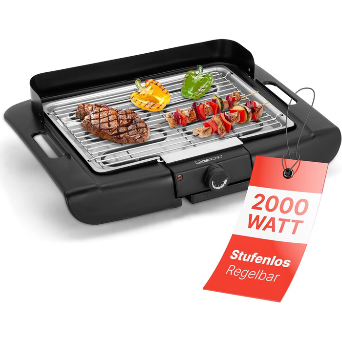 Електричний настільний гриль Clatronic BQ 3507, 2000 Вт, хромована решітка, з вітрозахистом, для балкона та кухні, 35x24 см
