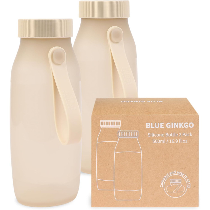 Складні силіконові пляшки для води BLUE GINKGO 500 мл, 2 шт., для подорожей, туризму, кемпінгу, легкі, бежеві, виготовлені в Кореї