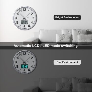 Сучасний настінний годинник KWANWA без тикань, цифровий LCD/LED дисплей, календар і температура, на батарейках, 30,5 см, 12-годинний формат, для кухні, спальні та офісу