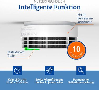 Детектор диму Hekatron Genius Plus з батареєю на 10 років, переможець тесту Stiftung Warentest, підтримка додатку, монтаж на клей, німецька якість, багатомовний