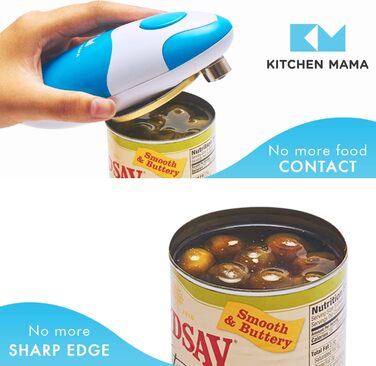 Автоматична електрична відкривачка для консервів Kitchen Mama, безпечна, з гладким краєм, харчова нержавійка, блакитна