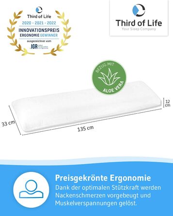 Ортопедична подушка для сну на боці Third of Life SOÑAR, ергономічна, парна, з в'язкоеластичного піни, гіпоалергенна, з чохлом Aloe Vera, 135x33x12 см