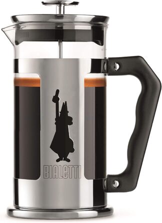 Френч-прес Bialetti Preziosa, 600 мл, нержавіюча сталь і боросилікатне скло, для кави та чаю, сріблястий, 1 л, 8 чашок, можна мити в посудомийній машині
