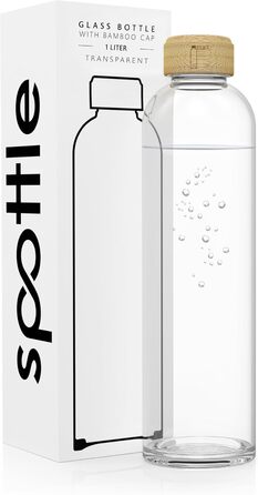 Скляна пляшка для води Spottle 1 л – міцна, прозора, з бамбуковою кришкою, для газованої та негазованої води, підходить для посудомийної машини, герметична