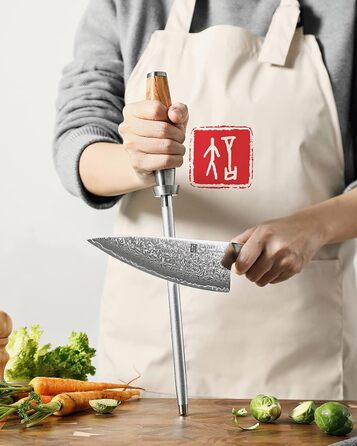 Професійний точильний стрижень XINZUO 36,2 см із вуглецевої сталі для кухонних ножів, ергономічна ручка з оливкового дерева, серія Lan