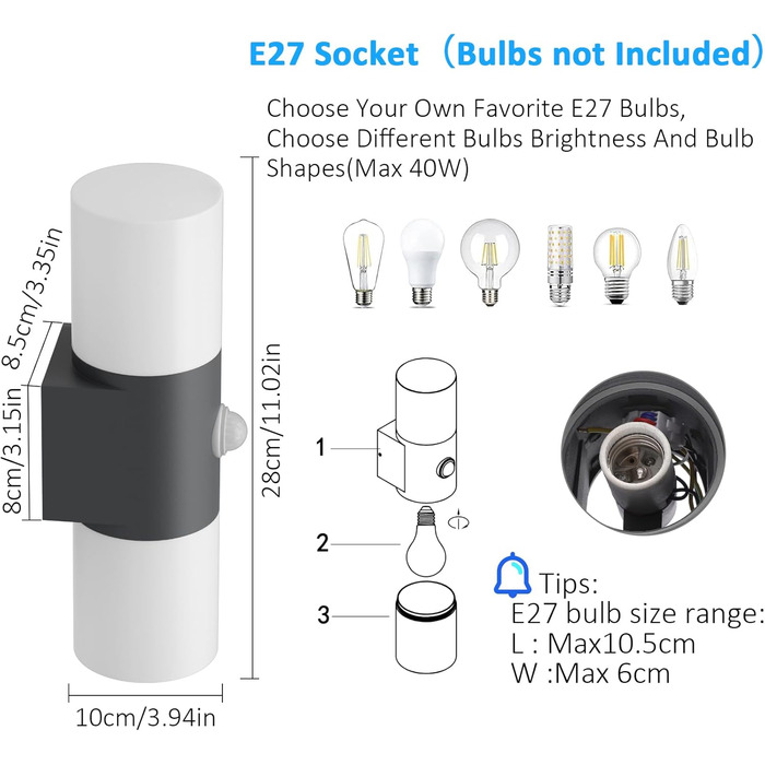 Світильник настінний Klighten E27 для вулиці та дому, двосторонній, IP54, алюмінієвий, з датчиком руху, темно-сірий, сучасний дизайн, для входу та тераси, без лампи