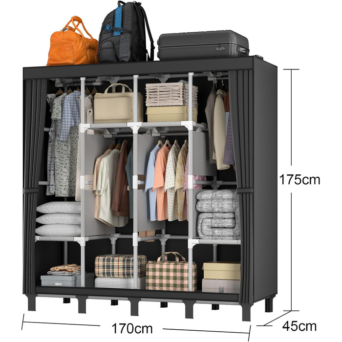 Тканинна шафа LOEFME 170x175x45 см для спальні, чорна, з 2 рейками для вішалок