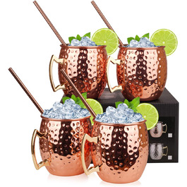 Набір мідних кухлів для Moscow Mule, 4 шт. по 550 мл з трубочками у подарунковій коробці – 100% мідь для коктейлів і охолоджених напоїв